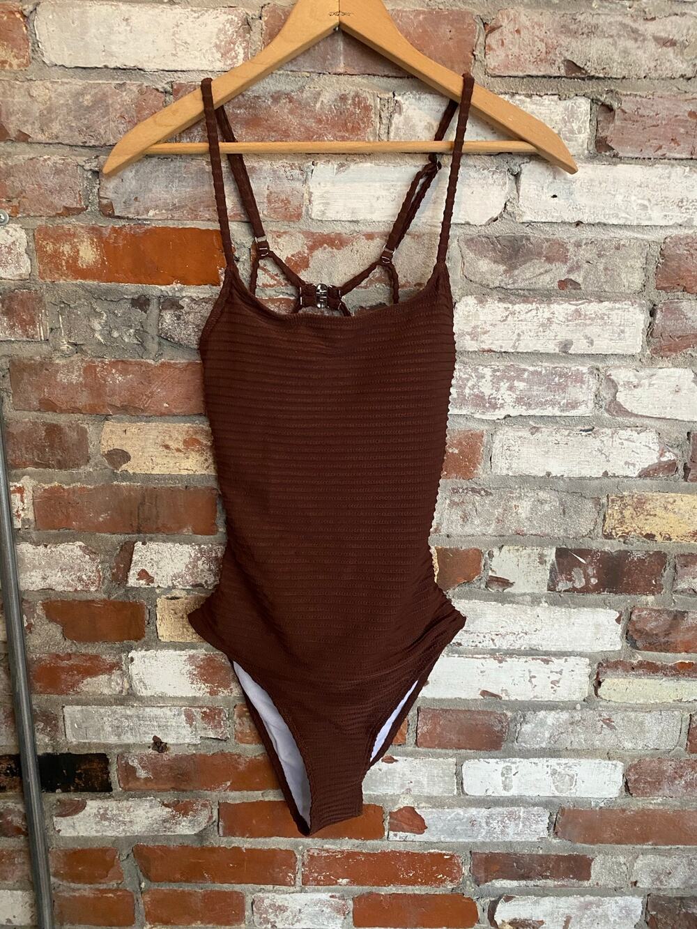 Textured Ribbed One-Piece Swimsuit Brown Strappy Back Size M